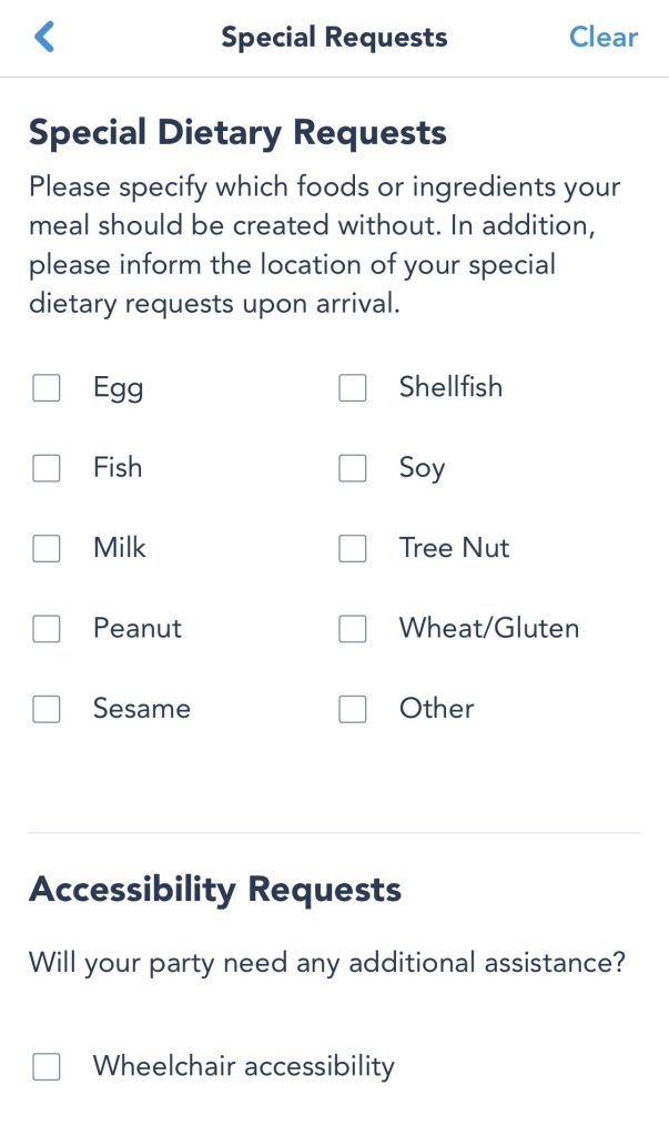 Disney dining special dietary and accessibility requests 